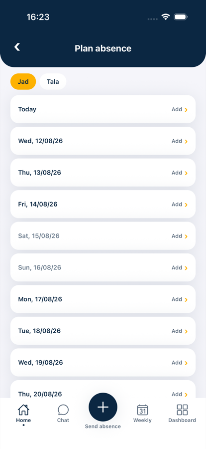 Reporting a child's absence in the BeeSync app.
